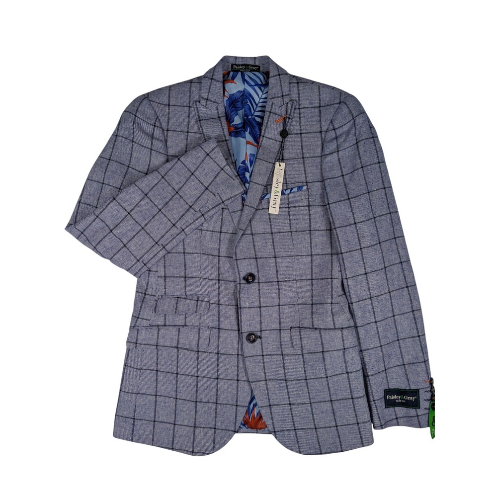 NWT‎ $250 Paisley & Gray Men Blue Plaid Blazer Jacket Tropical Linen Blend 36R